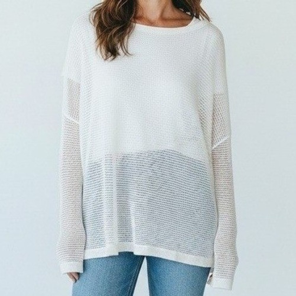Nordstrom Sweater Women Medium White Coastal Linen Blend Open Knit Beachy Casual